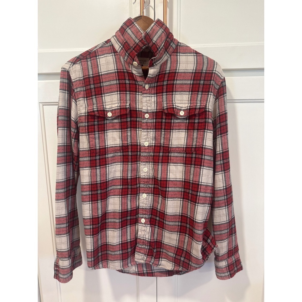 American Eagle women's Flannel Shirt Plaid Red White Button Up Casual Small